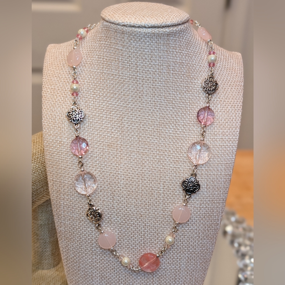 Rose Quartz and Silver-Toned Beaded Necklace & Bracelet Set NWOT